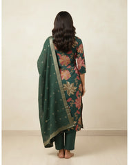 Elegant Dark Green Floral Printed Kurta Set with Zari Dupatta