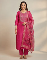Elegant Fuchsia Pink Embroidered Kurta Set with Organza Dupatta