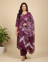 Elegant Wine Maroon Printed Kurta Set with Tie-Dye Dupatta