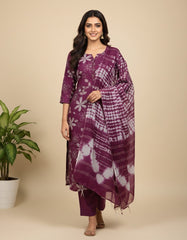 Elegant Wine Maroon Printed Kurta Set with Tie-Dye Dupatta