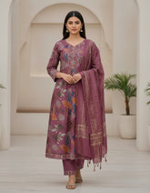 Elegant Mauve Floral Printed Kurta Set with Woven Dupatta