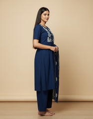 Elegant Navy Blue Embroidered Kurta Set with Scalloped Dupatta