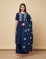 Elegant Navy Blue Embroidered Kurta Set with Scalloped Dupatta