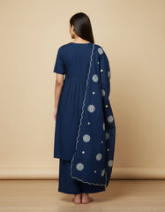 Elegant Navy Blue Embroidered Kurta Set with Scalloped Dupatta