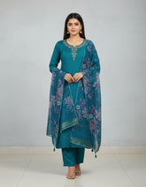 Elegant Teal Green Embroidered Kurta Set with Floral Dupatta