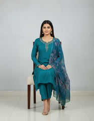 Elegant Teal Green Embroidered Kurta Set with Floral Dupatta