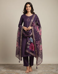 Elegant Deep Purple Embroidered Kurta Set with Floral Dupatta
