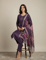 Elegant Deep Purple Embroidered Kurta Set with Floral Dupatta