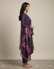 Elegant Deep Purple Embroidered Kurta Set with Floral Dupatta