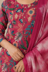 Vibrant Red Floral Printed Kurta Set with Tie-Dye Dupatta