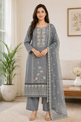 Elegant Grey Floral Embroidered Kurta Set with Dupatta