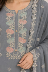 Elegant Grey Floral Embroidered Kurta Set with Dupatta