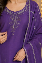 Elegant Plum Purple Embroidered Kurta Set with Woven Dupatta