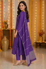 Elegant Plum Purple Embroidered Kurta Set with Woven Dupatta