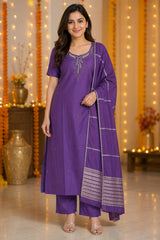 Elegant Plum Purple Embroidered Kurta Set with Woven Dupatta
