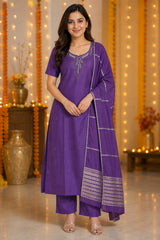 Elegant Plum Purple Embroidered Kurta Set with Woven Dupatta