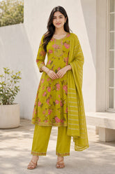 Elegant Lime Green Floral Printed Kurta Set with Shimmer Dupatta