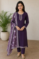 Elegant Plum Purple Embroidered Kurta Set with Floral Dupatta