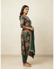 Elegant Dark Green Floral Printed Kurta Set with Zari Dupatta