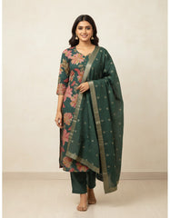 Elegant Dark Green Floral Printed Kurta Set with Zari Dupatta