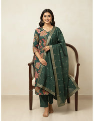 Elegant Dark Green Floral Printed Kurta Set with Zari Dupatta