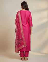 Elegant Fuchsia Pink Embroidered Kurta Set with Organza Dupatta