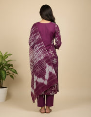 Elegant Wine Maroon Printed Kurta Set with Tie-Dye Dupatta