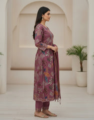 Elegant Mauve Floral Printed Kurta Set with Woven Dupatta