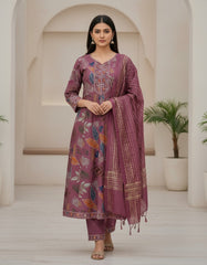 Elegant Mauve Floral Printed Kurta Set with Woven Dupatta