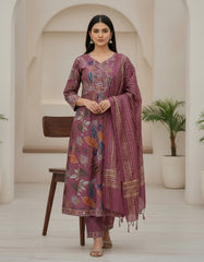 Elegant Mauve Floral Printed Kurta Set with Woven Dupatta