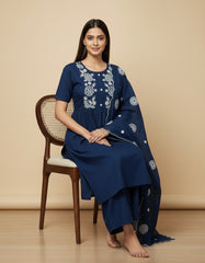 Elegant Navy Blue Embroidered Kurta Set with Scalloped Dupatta