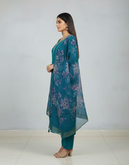 Elegant Teal Green Embroidered Kurta Set with Floral Dupatta