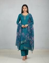 Elegant Teal Green Embroidered Kurta Set with Floral Dupatta