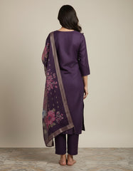 Elegant Deep Purple Embroidered Kurta Set with Floral Dupatta