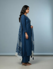 Elegant Navy Blue Embroidered Kurta Set with Printed Dupatta