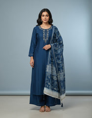 Elegant Navy Blue Embroidered Kurta Set with Printed Dupatta