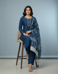 Elegant Navy Blue Embroidered Kurta Set with Printed Dupatta