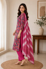 Vibrant Red Floral Printed Kurta Set with Tie-Dye Dupatta