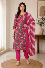Vibrant Red Floral Printed Kurta Set with Tie-Dye Dupatta