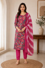 Vibrant Red Floral Printed Kurta Set with Tie-Dye Dupatta