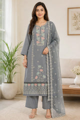 Elegant Grey Floral Embroidered Kurta Set with Dupatta