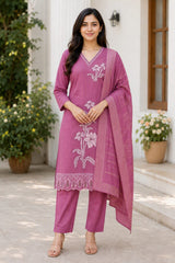 Elegant Rose Pink Floral Embroidered Kurta Set with Dupatta