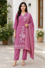 Elegant Rose Pink Floral Embroidered Kurta Set with Dupatta