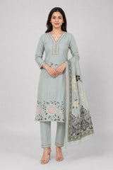 Elegant Mint Green Floral Embroidered Kurta Set with Dupatta