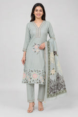 Elegant Mint Green Floral Embroidered Kurta Set with Dupatta