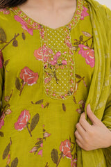 Elegant Lime Green Floral Printed Kurta Set with Shimmer Dupatta