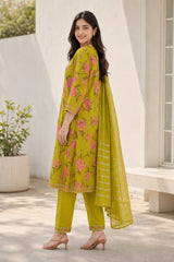 Elegant Lime Green Floral Printed Kurta Set with Shimmer Dupatta