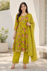 Elegant Lime Green Floral Printed Kurta Set with Shimmer Dupatta