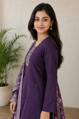 Elegant Plum Purple Embroidered Kurta Set with Floral Dupatta