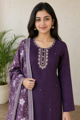 Elegant Plum Purple Embroidered Kurta Set with Floral Dupatta